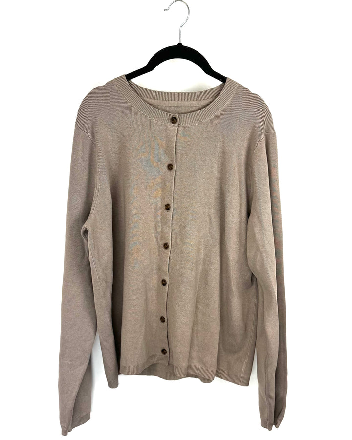 Taupe Brown Button-Down Crewneck Sweater - Extra Large