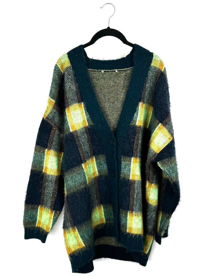 Green and Brown Plaid Cardigan - Extra Large