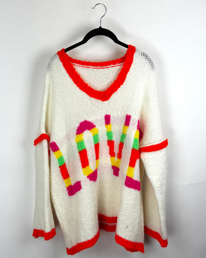 White and Orange Lettered Sweater - Large