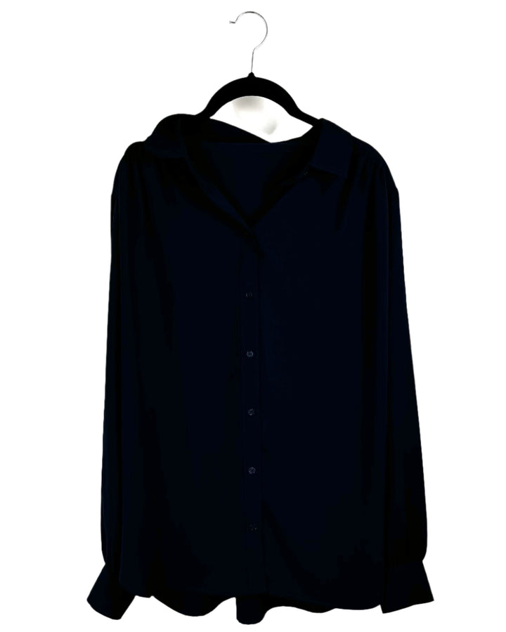 Navy Blue Button-Down Blouse - Medium
