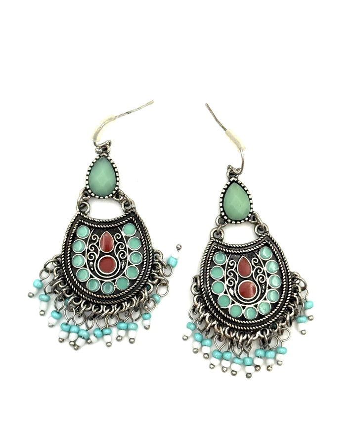 Turqoise and silver beaded hanging earrings