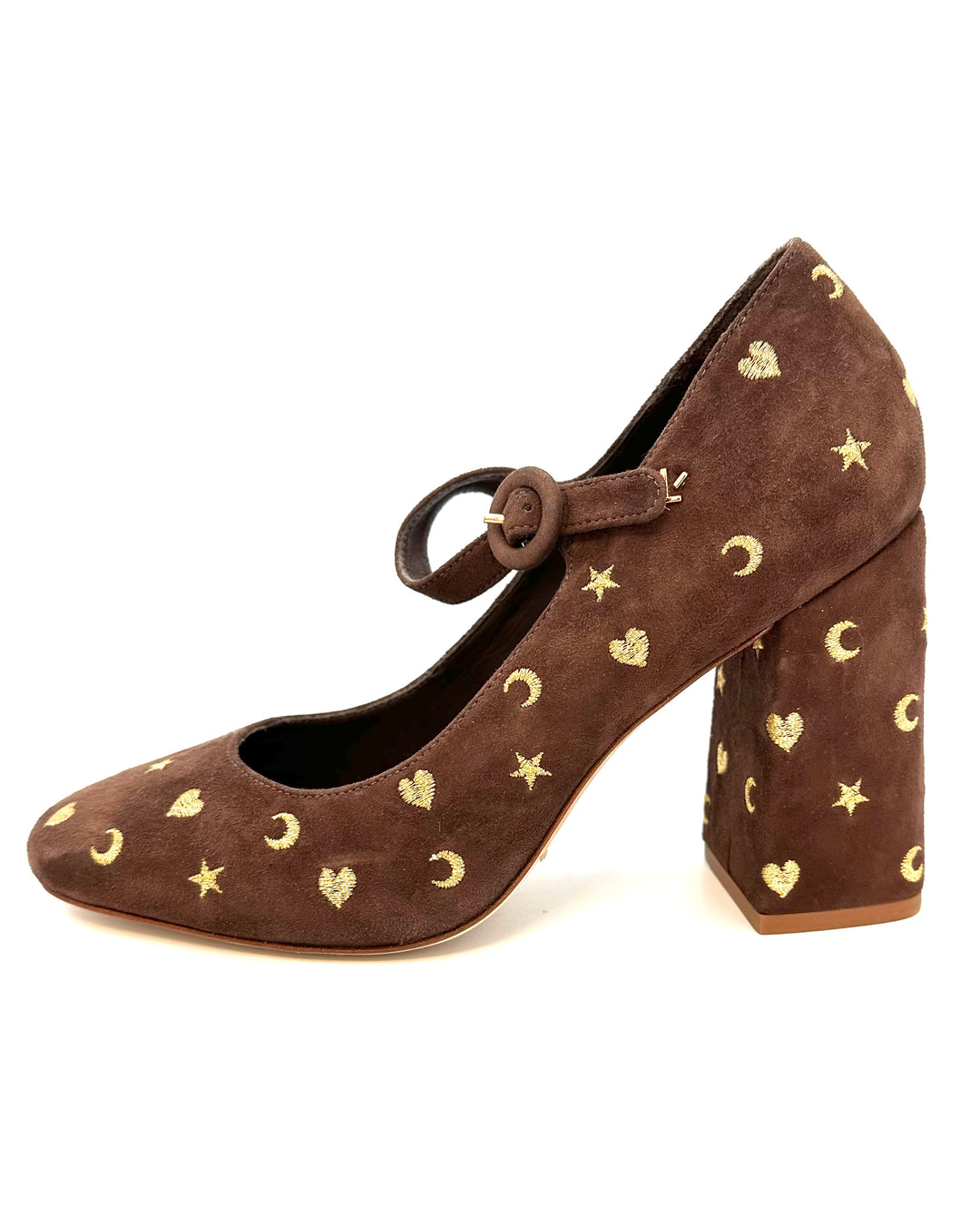 Coffee Brown Embroidered Maryjane Heels - Size 6.5