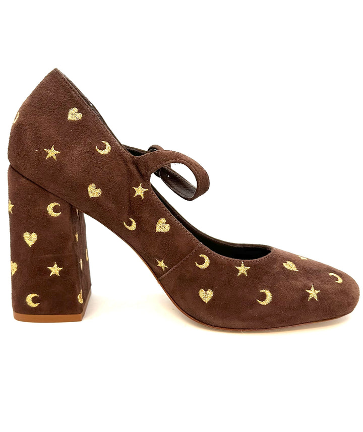 Coffee Brown Embroidered Maryjane Heels - Size 6.5