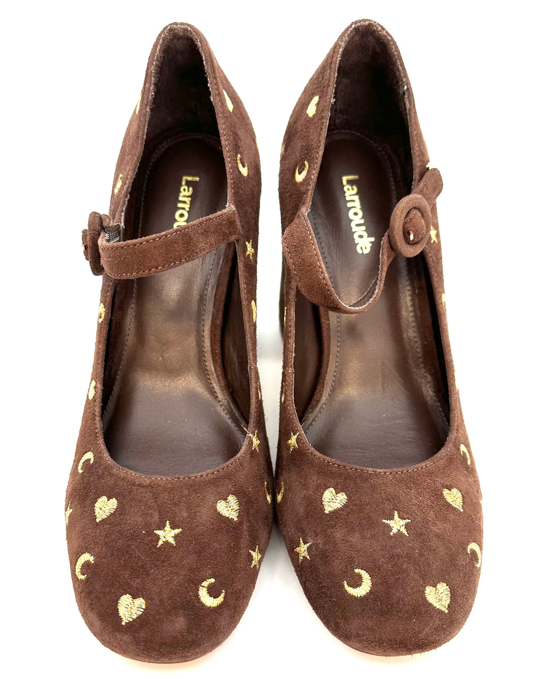 Coffee Brown Embroidered Maryjane Heels - Size 6.5