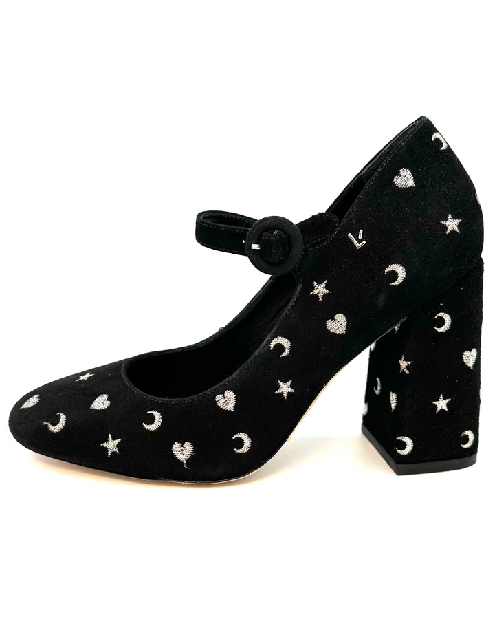 Black Suede Embroidered Maryjane Heels - Size 6.5