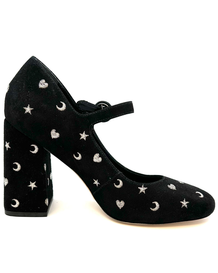 Black Suede Embroidered Maryjane Heels - Size 6.5