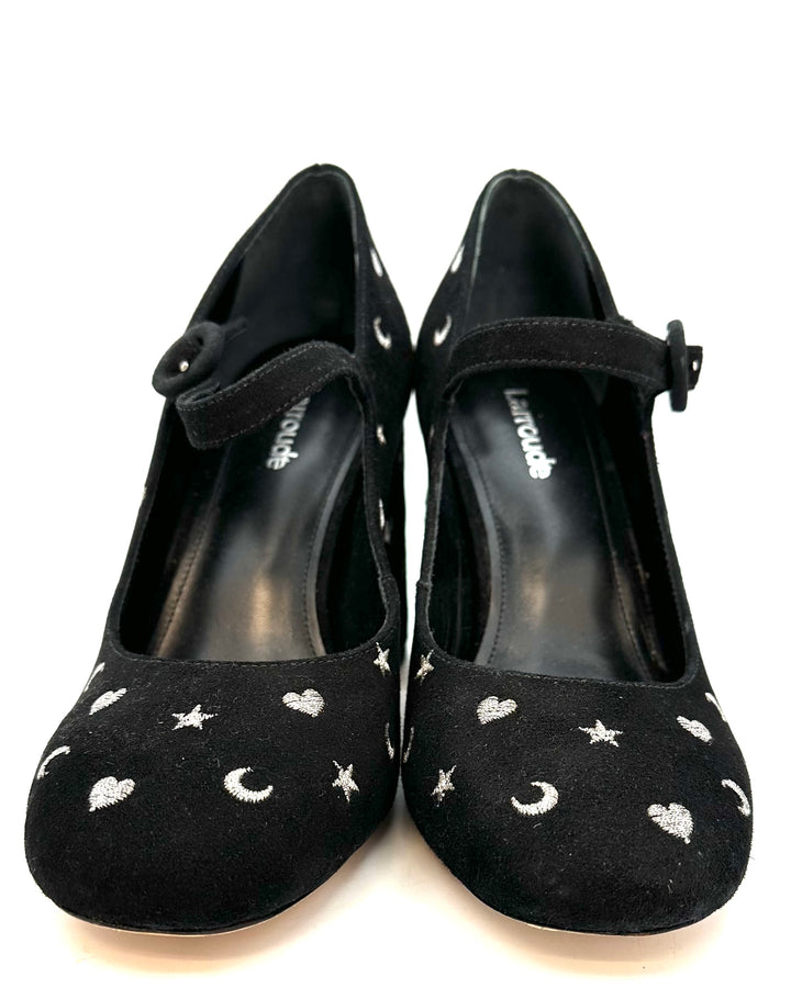 Black Suede Embroidered Maryjane Heels - Size 6.5