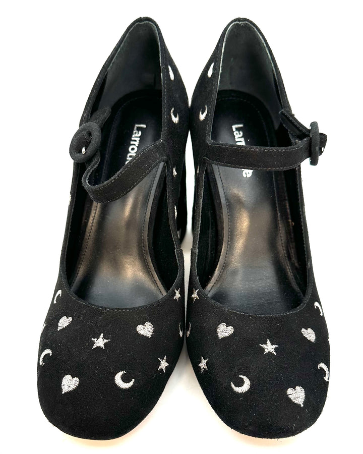 Black Suede Embroidered Maryjane Heels - Size 6.5