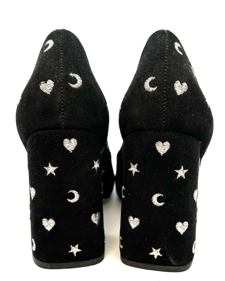 Black Suede Embroidered Maryjane Heels - Size 6.5