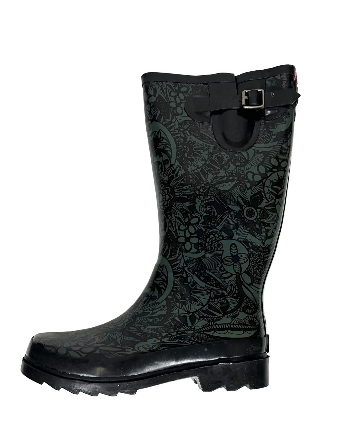 Tall Pine Green and Black Paisley Rainboot - Size 7