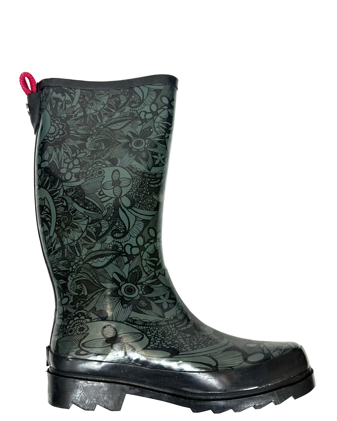 Tall Pine Green and Black Paisley Rainboot - Size 7