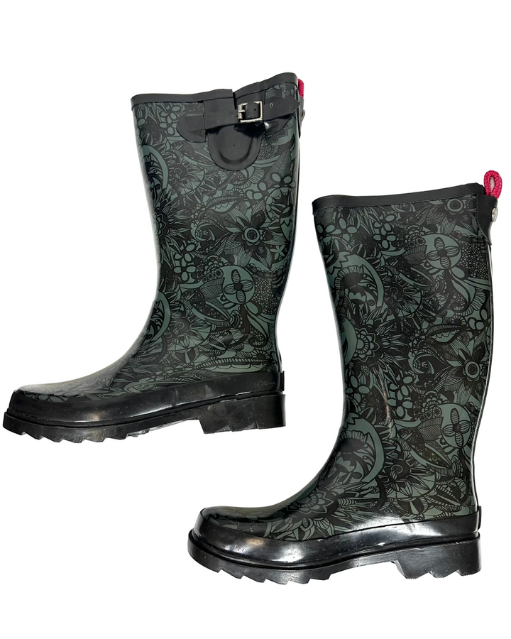Tall Pine Green and Black Paisley Rainboot - Size 7