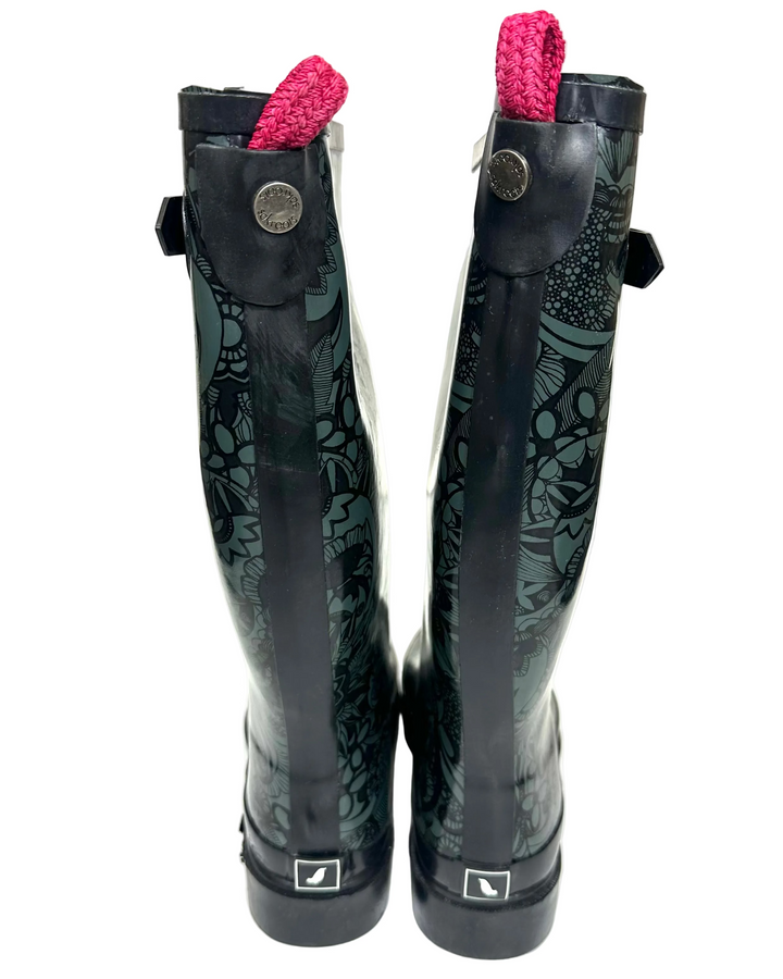 Tall Pine Green and Black Paisley Rainboot - Size 7