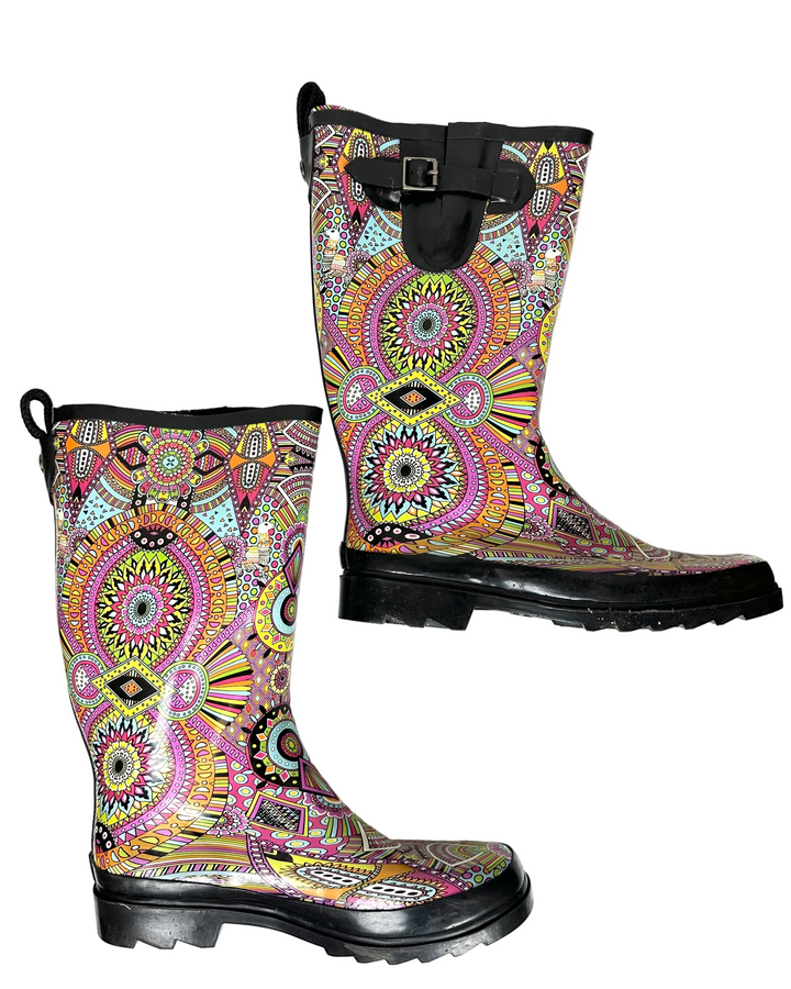 Tall Multicolor Abstract Paisley Rainboot - Size 10