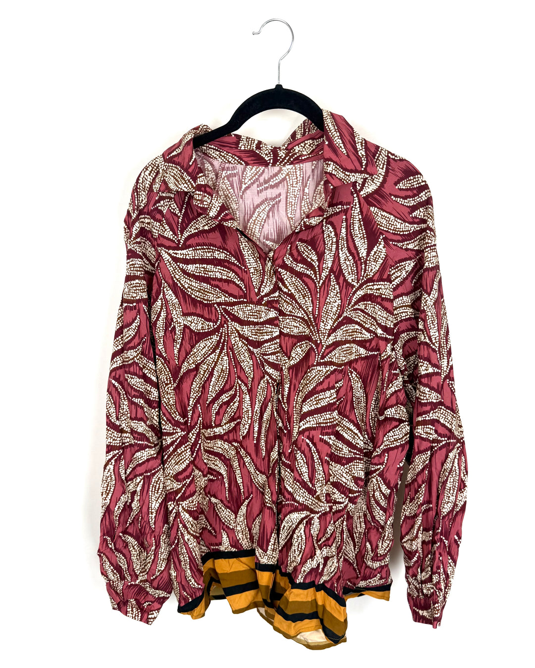 Burgundy Tropical Leaf Blouse - Size 6/8