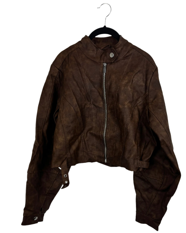 We Wore What Brown Cropped Faux Leather Jacket -Medium