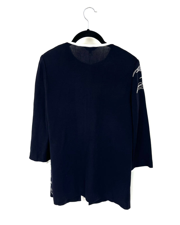 Navy Blue Embroidered Cropped Sleeve Cardigan - Size 2/4