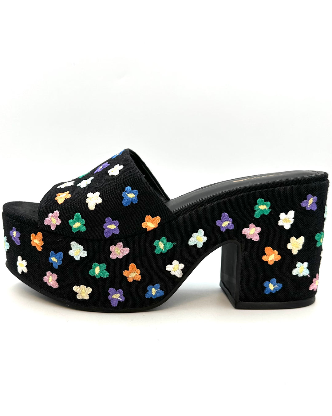 Black Embroidered Flower Platform Mule - Size 8