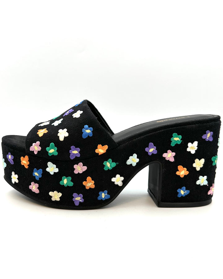 Black Embroidered Flower Platform Mule - Size 8