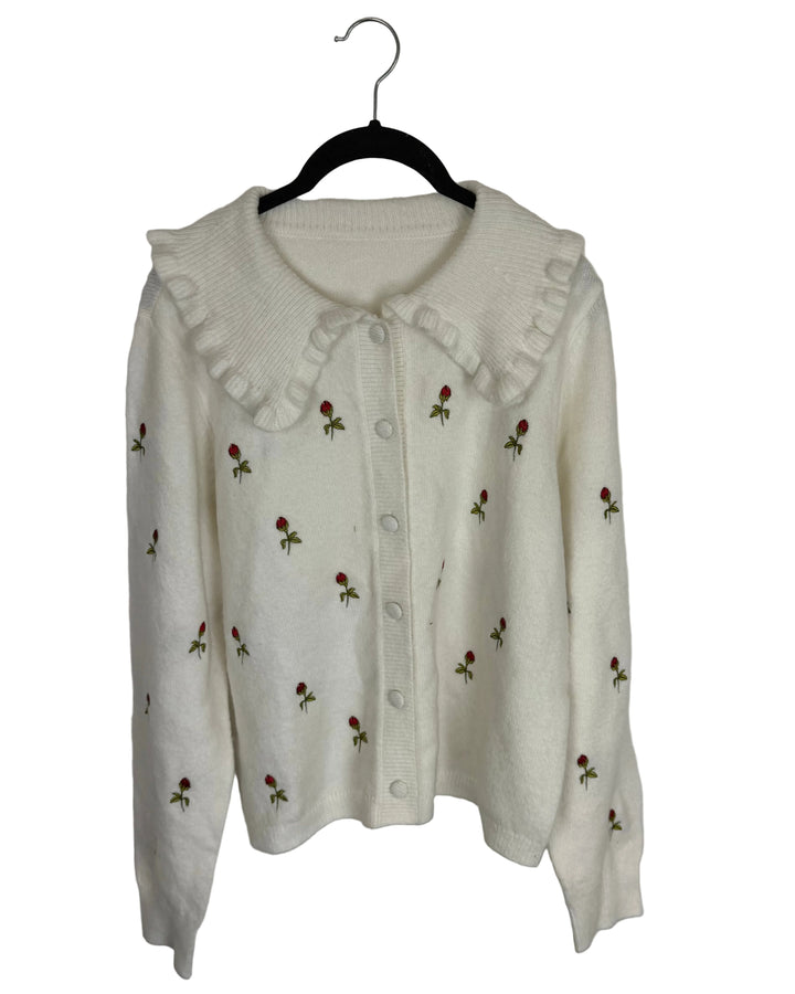 White Ruffle Sweater with Embroidered Roses- Size 4/6