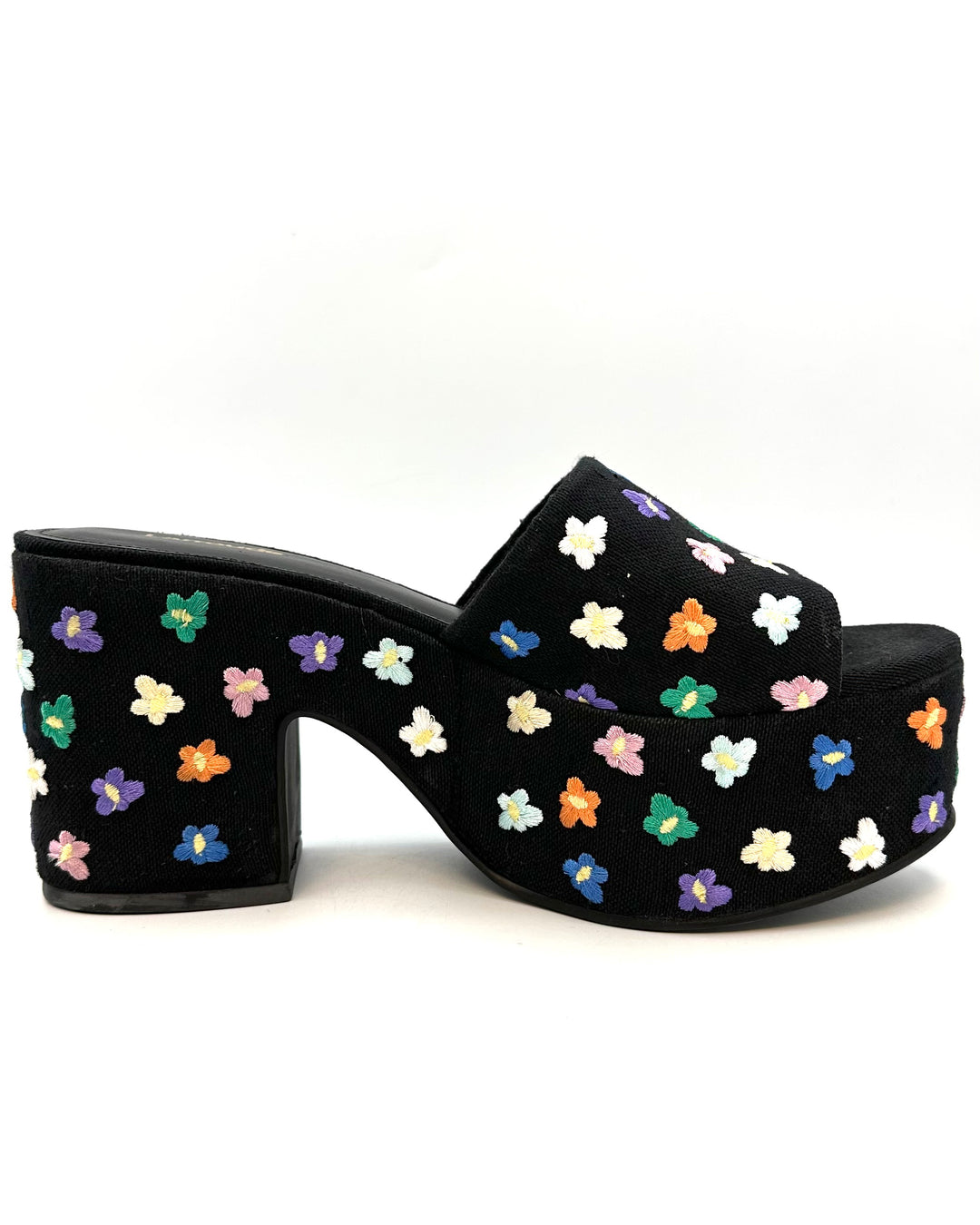 Black Embroidered Flower Platform Mule - Size 8