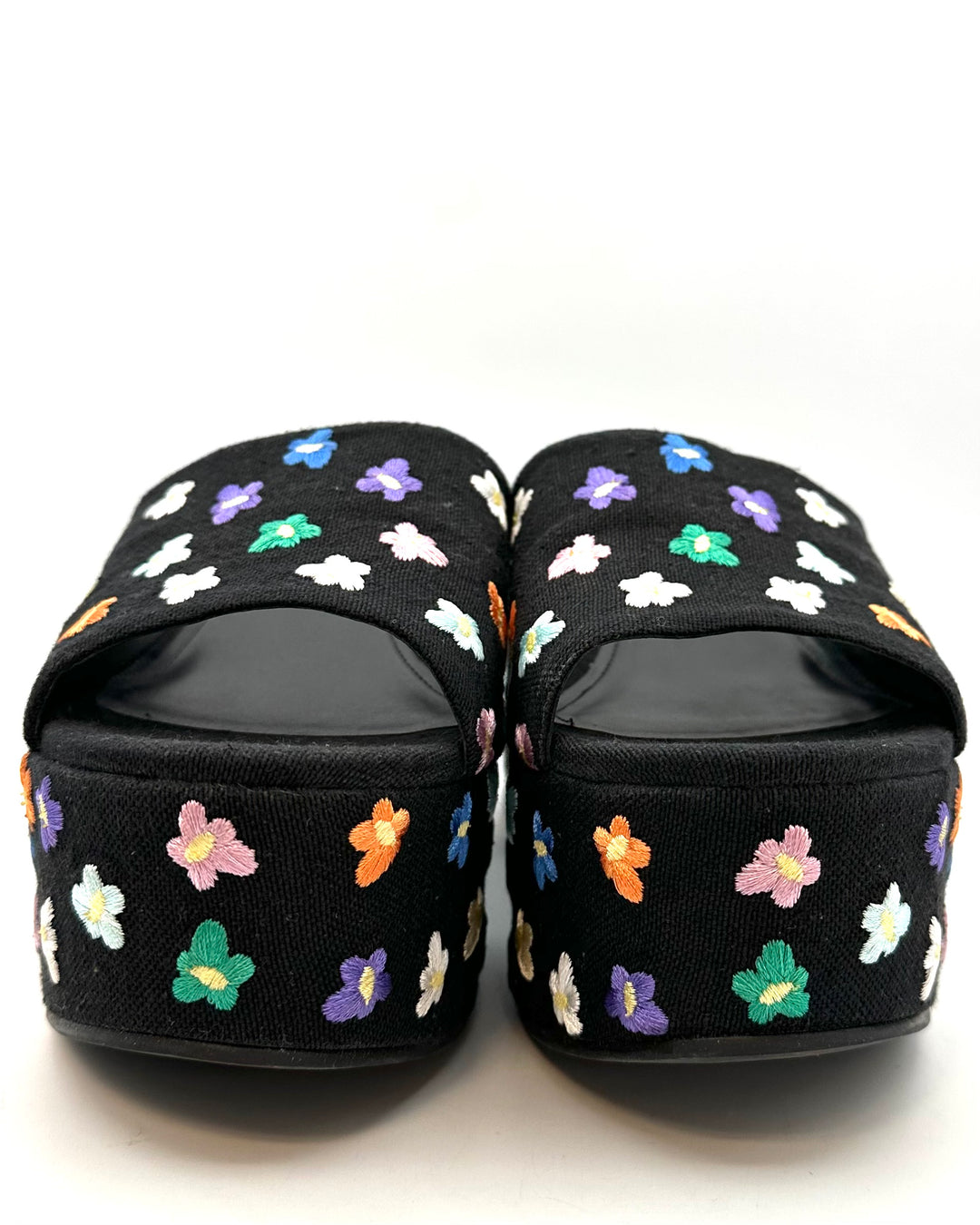 Black Embroidered Flower Platform Mule - Size 8
