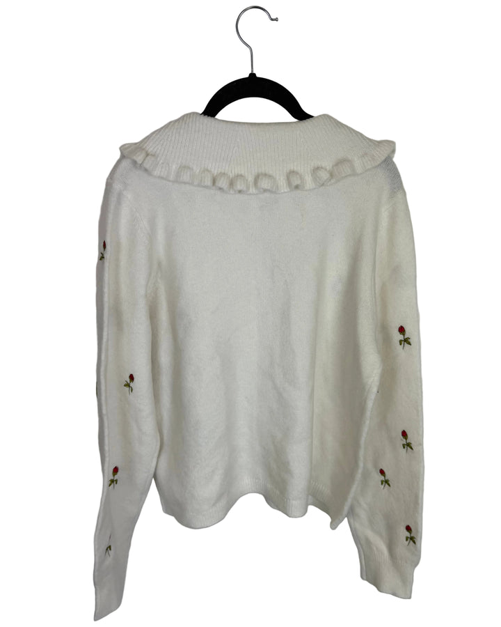 White Ruffle Sweater with Embroidered Roses- Size 4/6