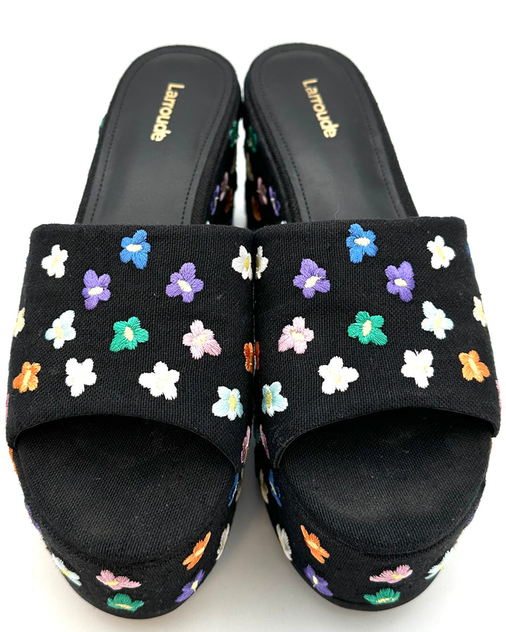 Black Embroidered Flower Platform Mule - Size 8