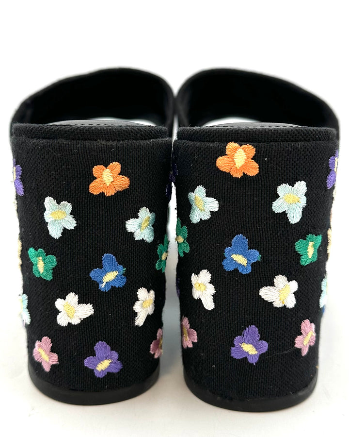 Black Embroidered Flower Platform Mule - Size 8