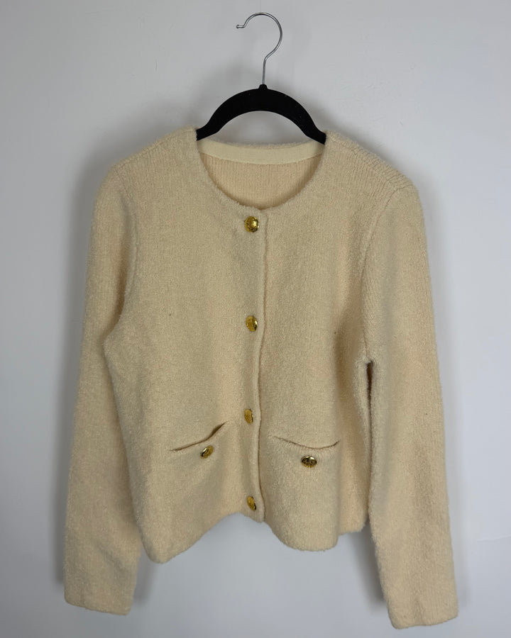 Soft Cream Gold Button Cardigan - Size 4/6