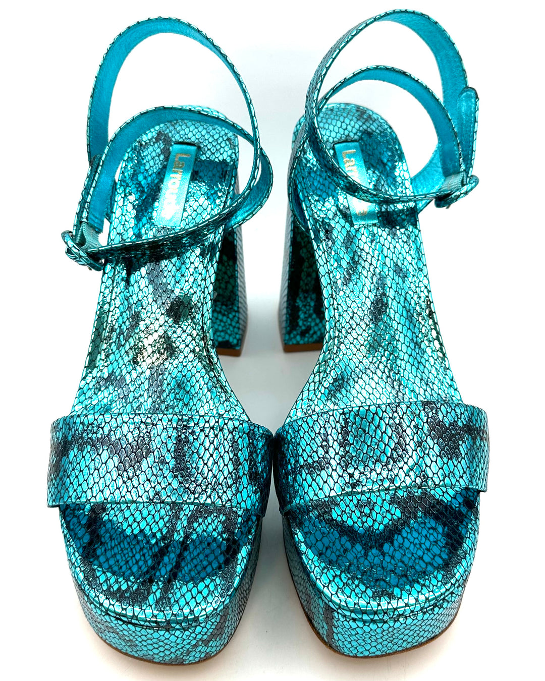 Aqua Metallic Snakeskin Print Platform Heel - Size 8.5