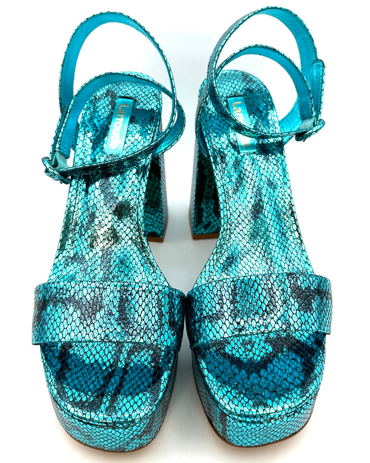 Aqua Metallic Snakeskin Print Platform Heel - Size 8.5