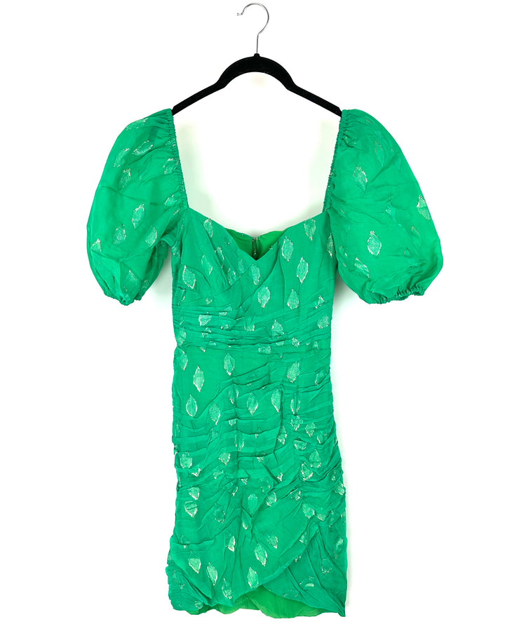 Green and Gold Puff Sleeve Dress - Size 2