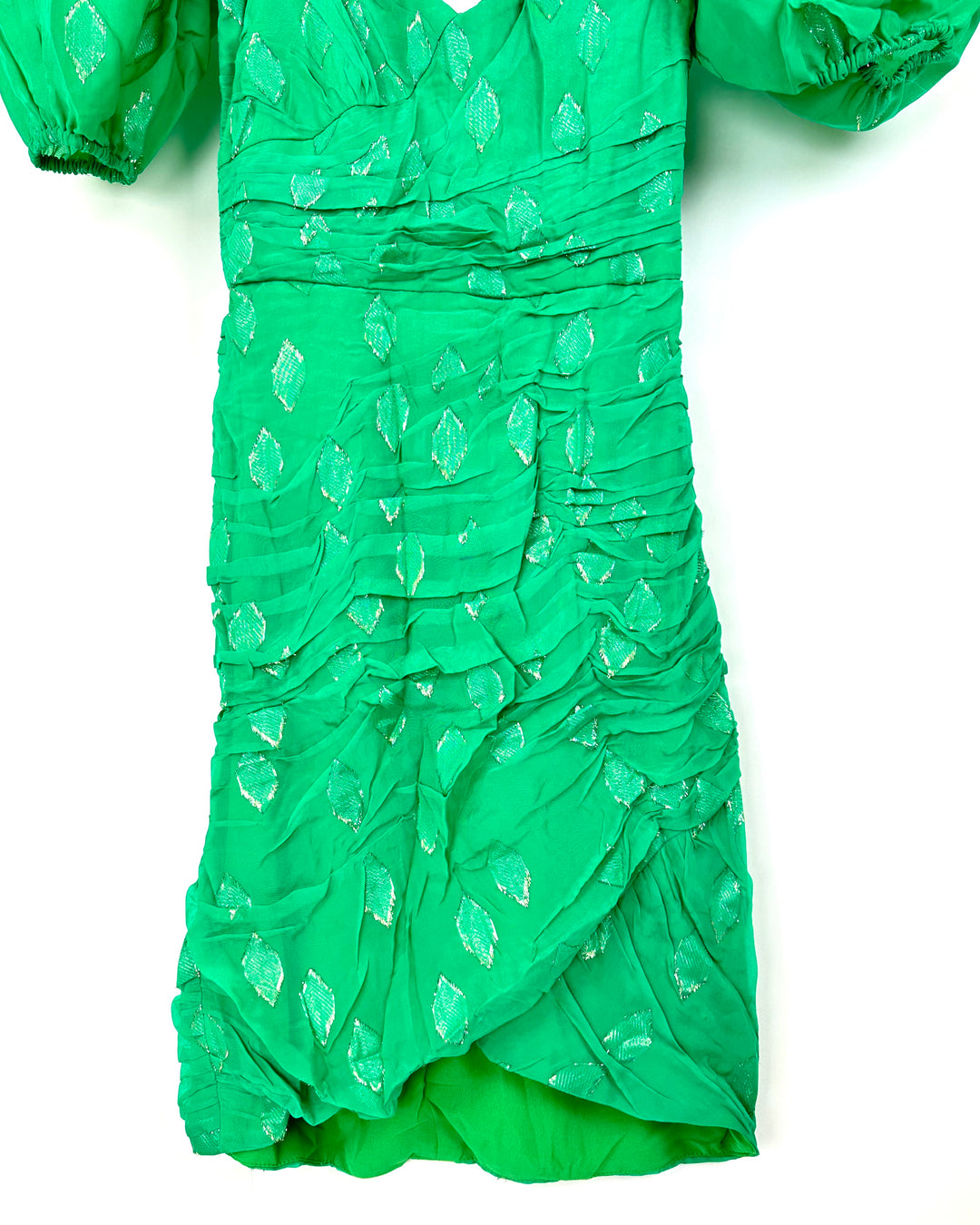 Green and Gold Puff Sleeve Dress - Size 2