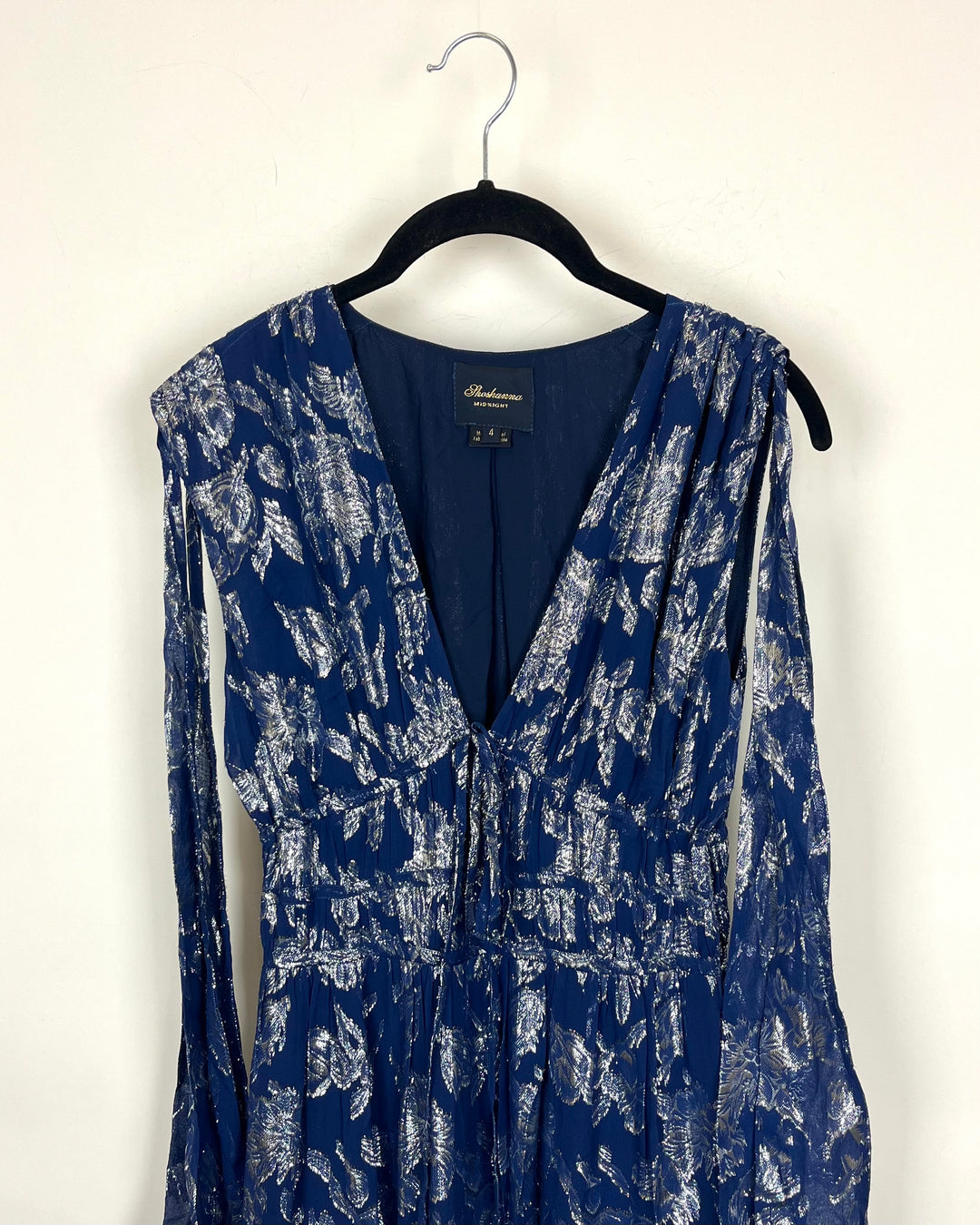 Navy and Silver Floral Dress - Size 4