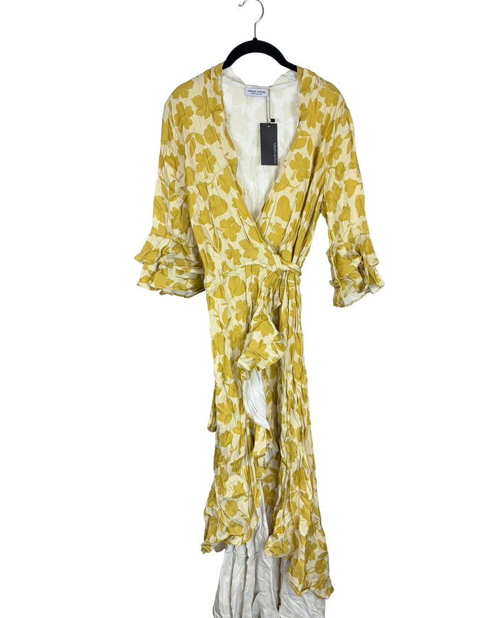 Yellow Foliage Print Wrap Dress - Size 8/10