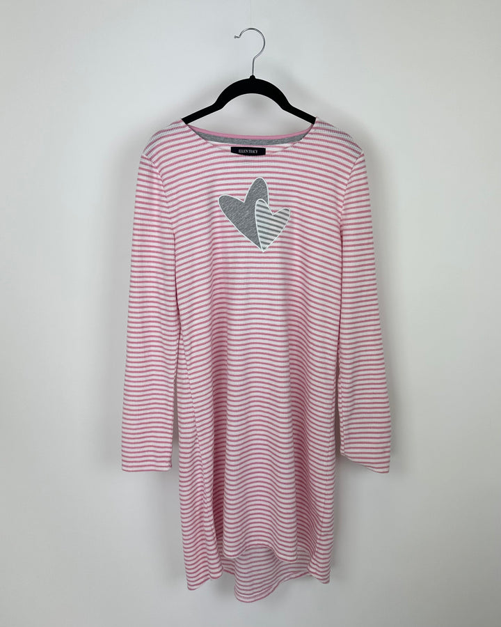 Pink Striped Grey Heart Nightgown - Small