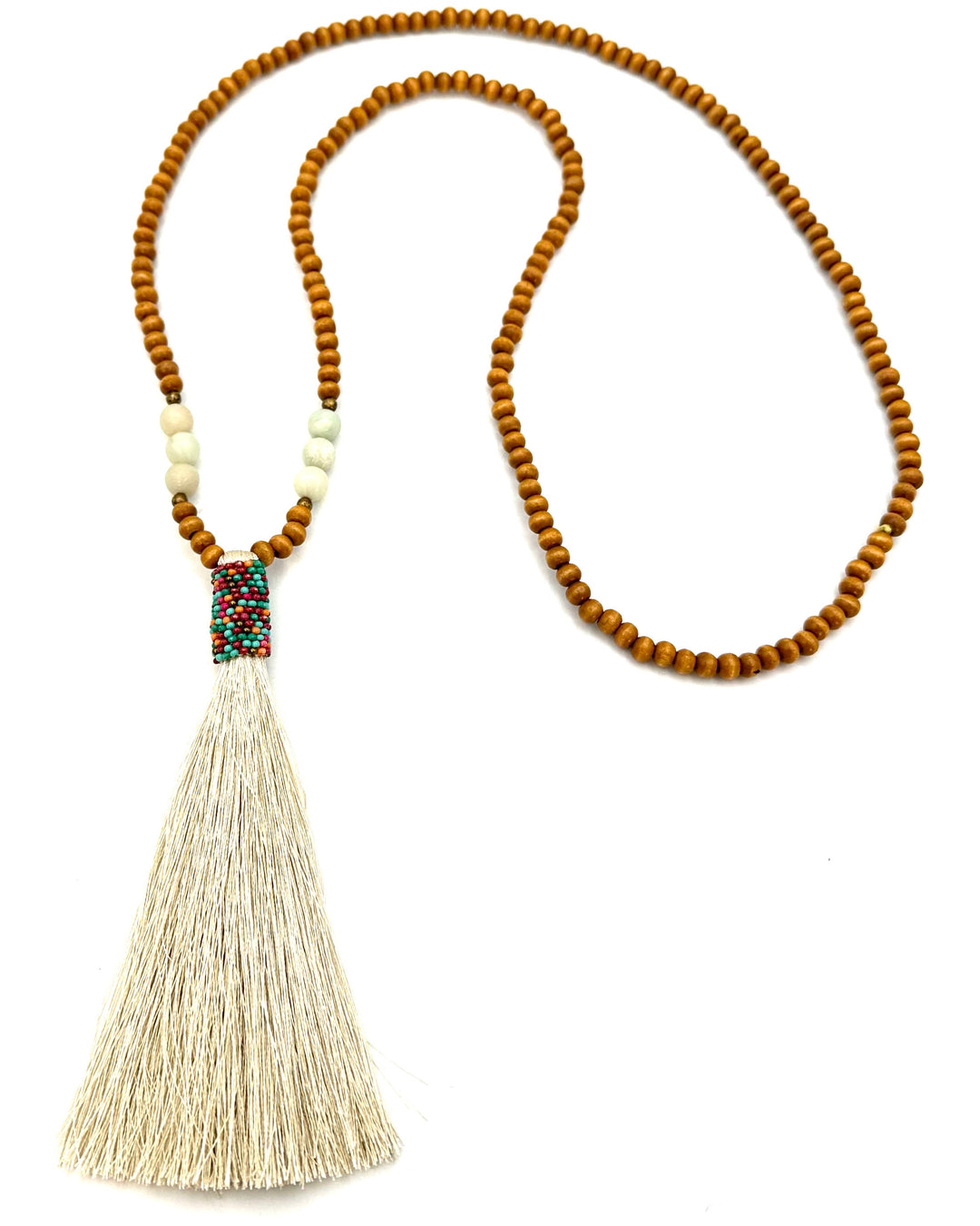 Tan Wooden Bead and Tassel Necklace