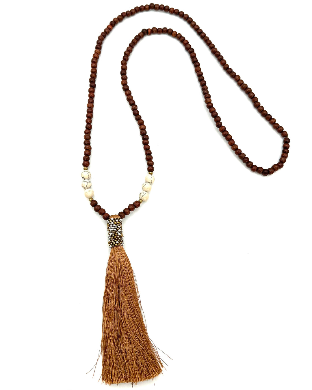 Brown Wooden Bead and Tassel Necklace