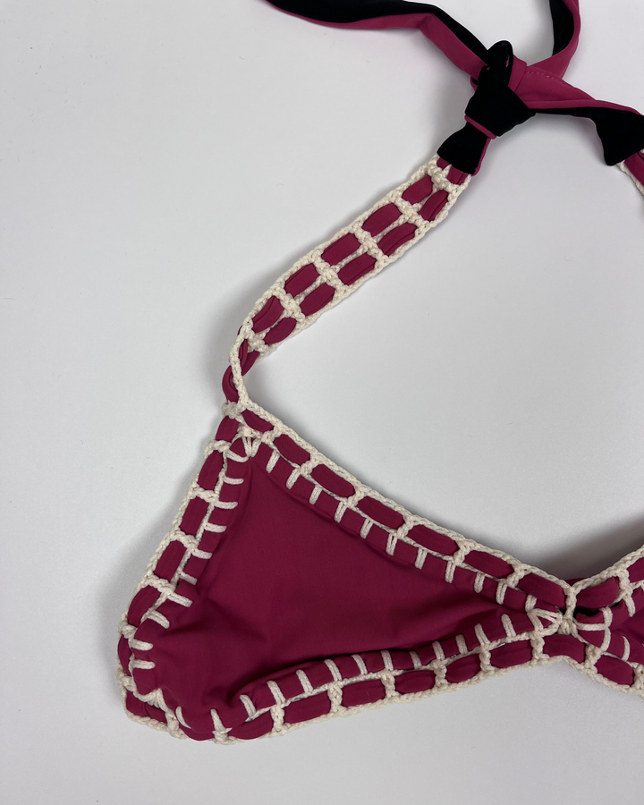 Raspberry Pink and Black Reversible Halter Bikini Top - Small