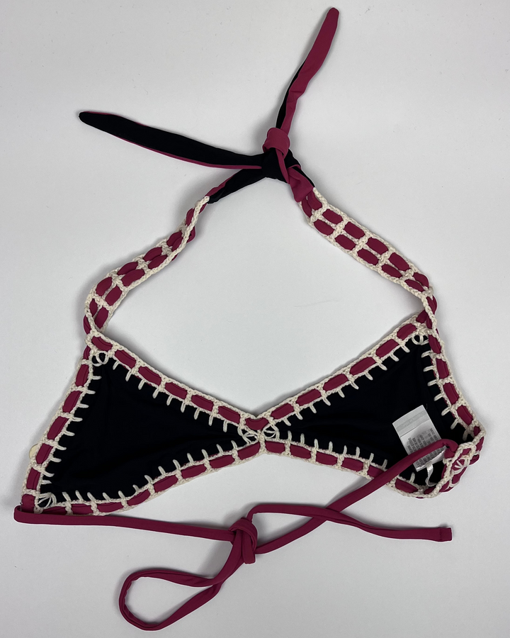 Raspberry Pink and Black Reversible Halter Bikini Top - Small
