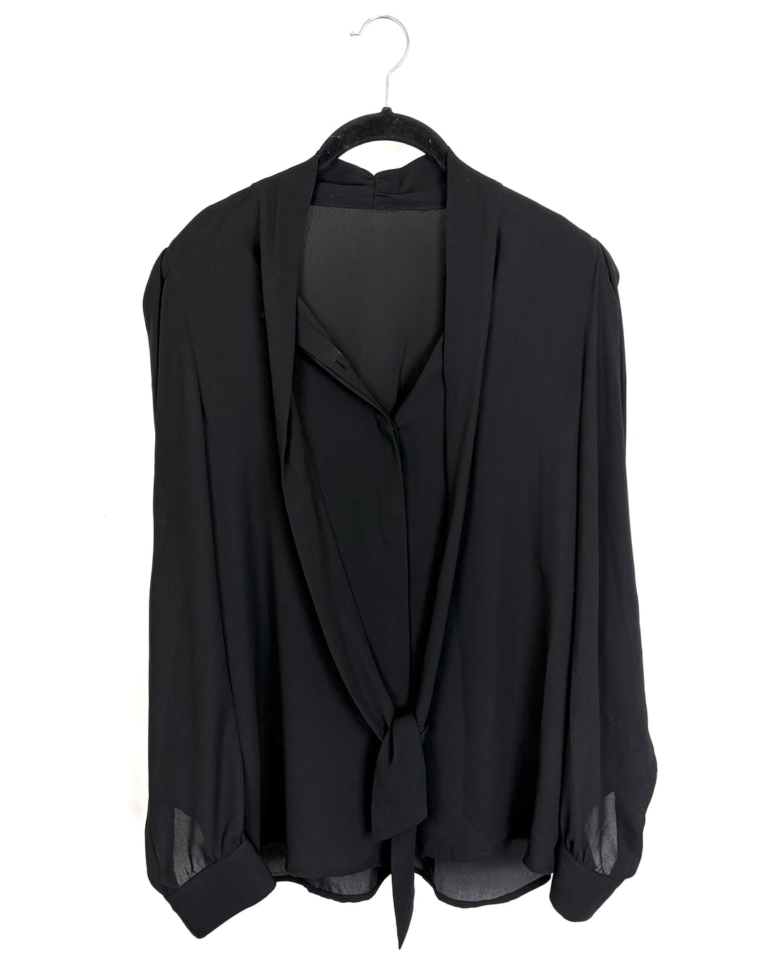 Black Tie Neck Long Sleeve Blouse - Size 4/6