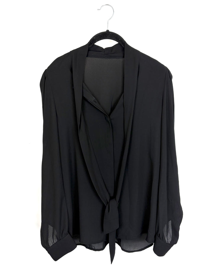 Black Tie Neck Long Sleeve Blouse - Size 4/6