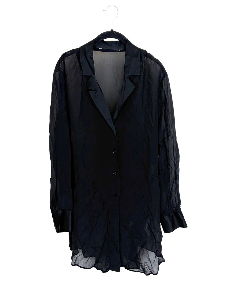 Oversized Black Sheer Long Sleeve Blouse - Size 10/12
