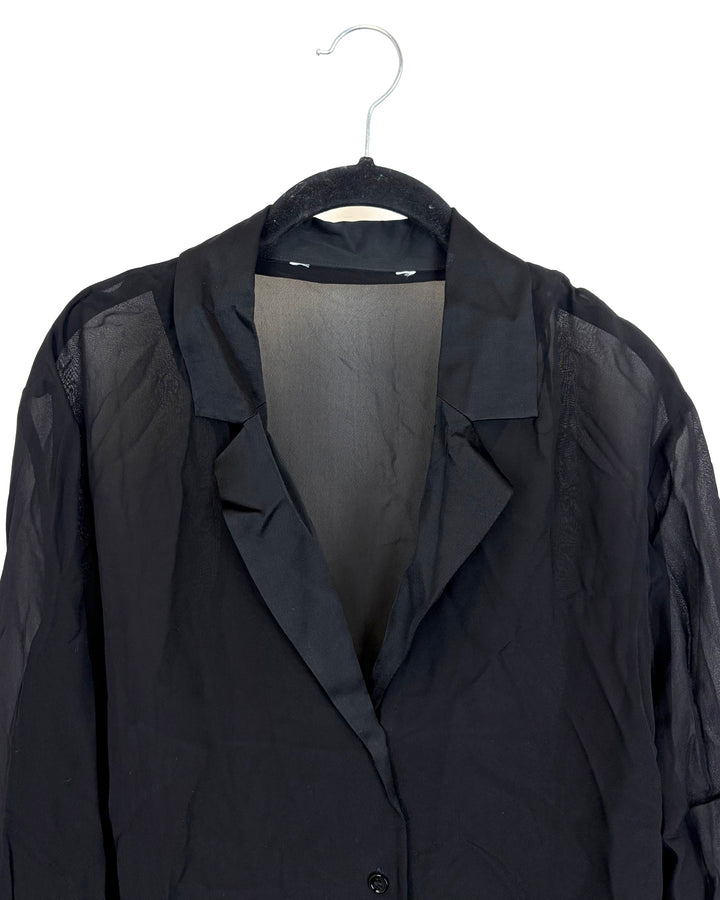 Oversized Black Sheer Long Sleeve Blouse - Size 10/12