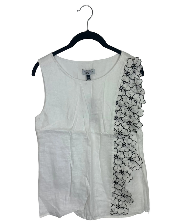 White and Black Floral Applique Top - XS, S, M, L, XL