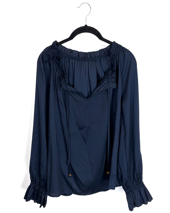 Navy Blue Ruched Detail Blouse - Size 6/8