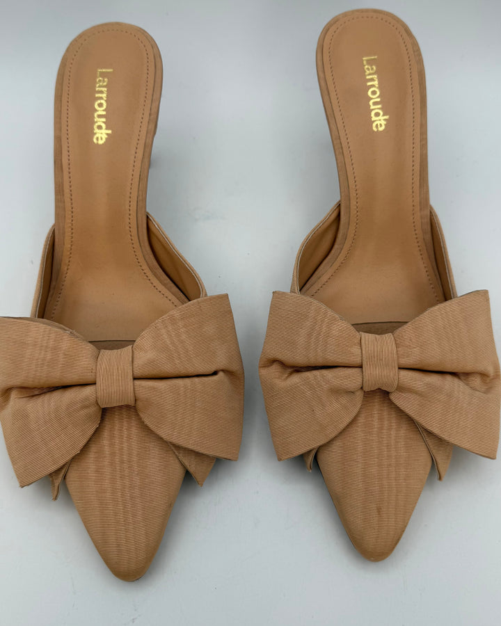 Tan Ribbon Pointed Toe Kitten Heel - Size 6.5
