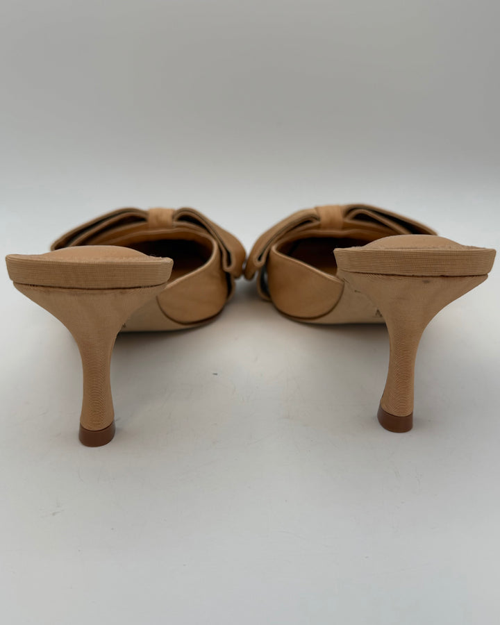 Tan Ribbon Pointed Toe Kitten Heel - Size 6.5