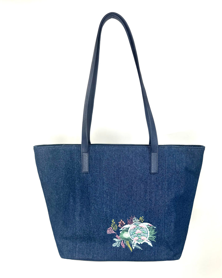 Navy Blue Denim Embroidered Tote Bag